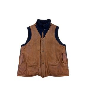 Paul Stuart Mens XL Leather Wool Cashmere Blend Vest Brown Navy Blue Gilet Zip